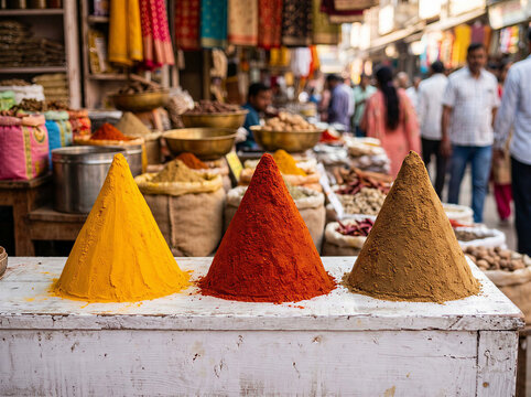 Spice piles on market stall, vibrant colors