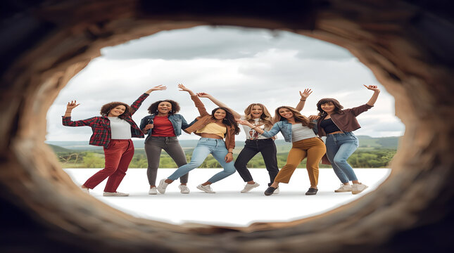 Dancing women jumping outdoors through hole