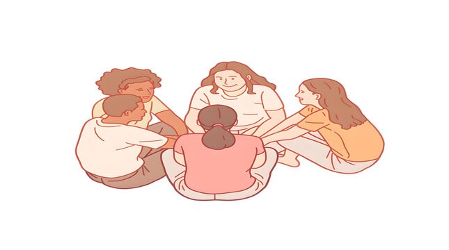 Friends sitting in circle, chatting and laughing together