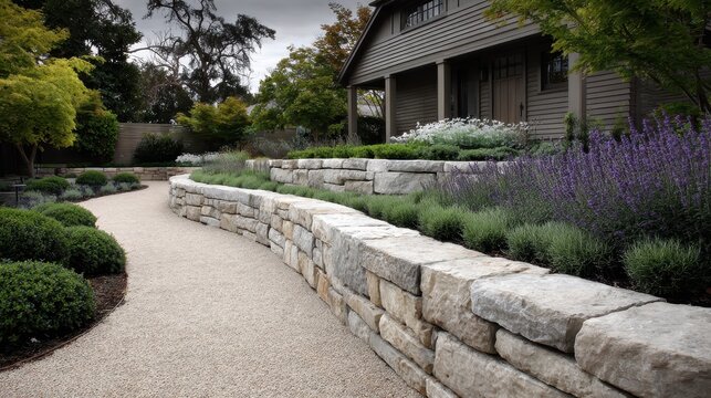 Stone retaining wall with gravel path in a modern residential garden
