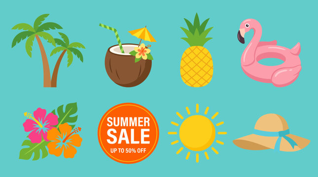 Set of colorful summer vector icons featuring tropical elements like palm trees coconut drink pineapple flamingo float flowers and sun