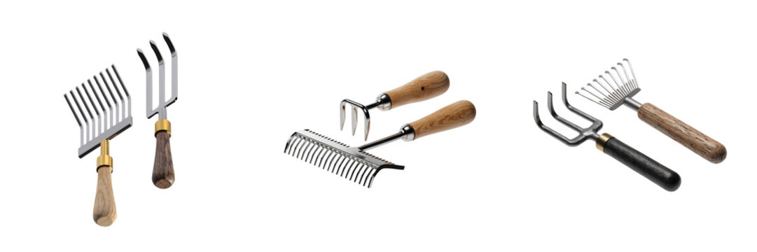 Set of featuring a three pronged garden fork, a hand rake isolated on a transparent background