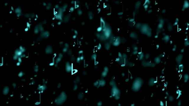 Glowing blue musical notes floating on a dark background with bokeh effect