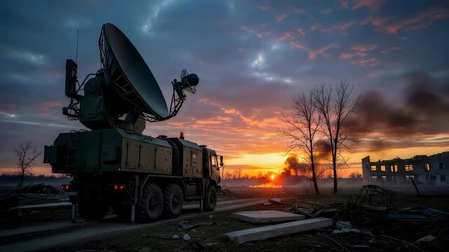 Military radar vehicle parked in war zone at sunset. Surveillance truck with satellite dish in destroyed city. Combat communication technology for field operation.