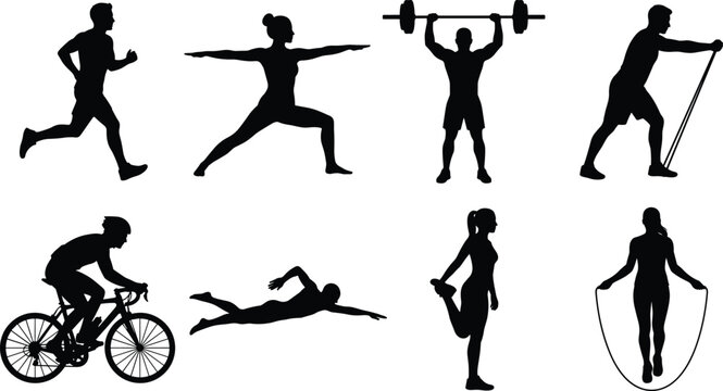 Set of black fitness athlete silhouettes showing people training running doing yoga weightlifting cycling swimming stretching and jump rope