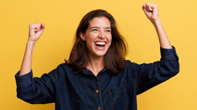 Woman in denim shirt celebrates with raised fists and joyful expression