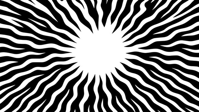 Black and White Zebra Wave Radial Burst Abstract Pattern with Organic Sunray Lines Modern Retro Graphic Background Design