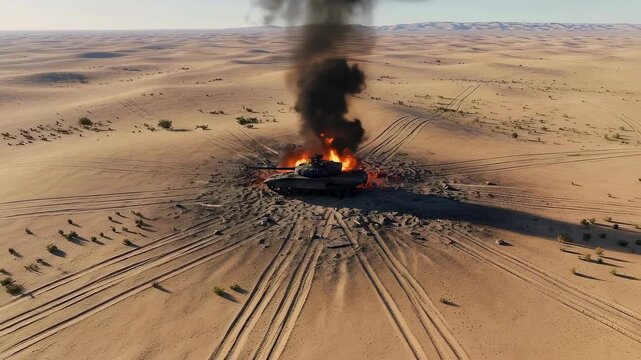 Burning battle tank destroyed in middle of desert landscape. Military vehicle engulfed in fire with black smoke. War wreckage scene of combat tactical operation.