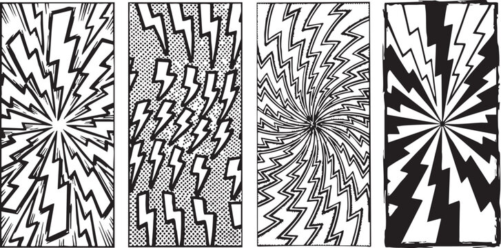 Vector comic book explosion effects set with dynamic lightning bolt graphics and halftone patterns for digital illustration and graphic design projects