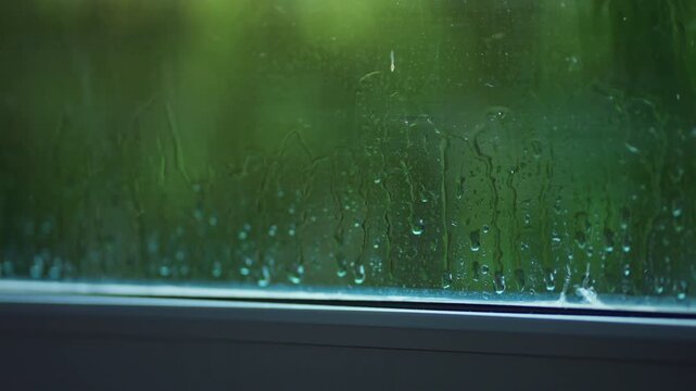 Close up of heavy rain droplets streaming down window glass pane, wet windowpane during monsoon summer storm, abstract natural rain background, cozy stay home and rainy season climate concept