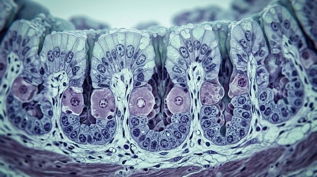 Microscopic view of human intestinal epithelial cells and tissue structure