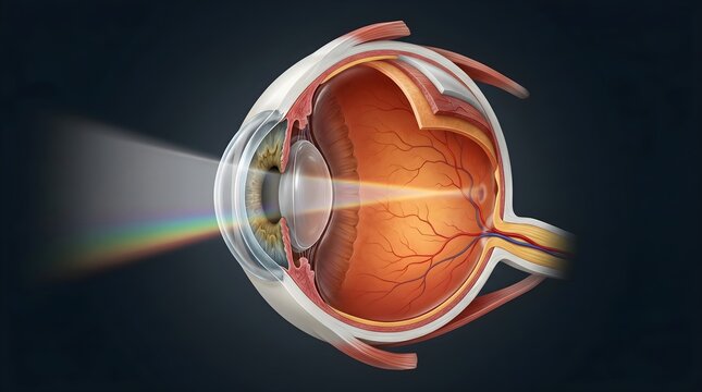 Scientific illustration of the human eye, detailing the path of light refraction through the lens to the retina, explaining the complex mechanics of vision