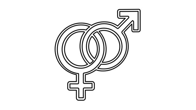 Simple clean flat vector line icon with connected gender symbols for community, identity, diversity, and relationship interface projects.