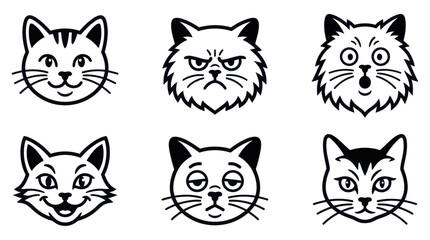 Fototapeta premium Set of six diverse cat head icons with various facial expressions in black and white outline style