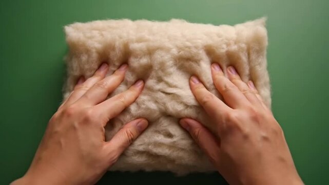 Hands pressing soft raw wool fiber on green background.