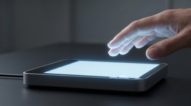 Human hand reaching to touch a sleek modern biometric sensor device on a dark professional desk surface