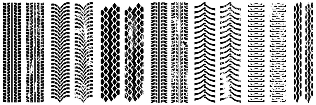 Tire tracks left on the road. Tire tread imprints. Tracks and imprints of a car, motorcycle, truck, tractor, or tank. Vector silhouette set