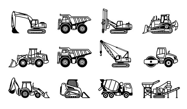 Heavy construction equipment icon set with excavator dump truck and mining machinery