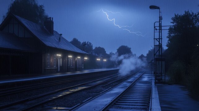 Stormy night at a rural train station.  Steam train