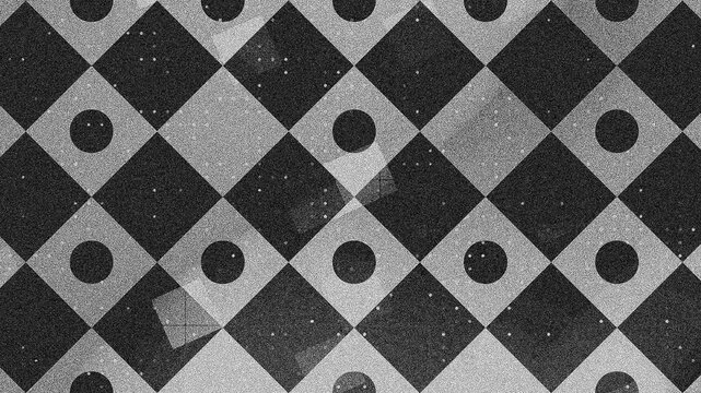 Black white geometric diamond grid pattern overlay dark gray circular polka dots, textured background 4k.
