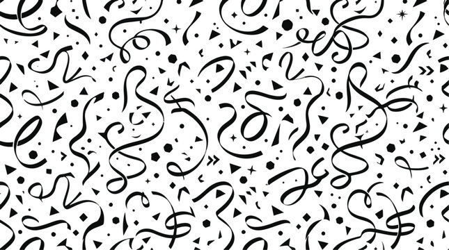 Abstract Black Confetti and Curved Scribble Seamless Pattern Background Vector