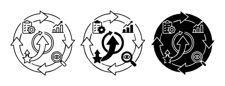3 Business cycle silhouette icons, solid black style, finance and economics set