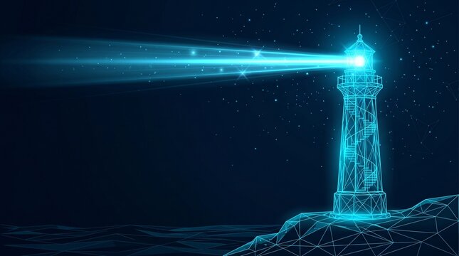 Abstract digital lighthouse beacon illustration featuring glowing particle mesh and beam of light lighthouse navigation maritime nautical technology abstract particle guidance