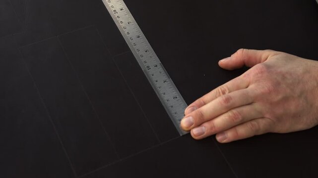 Craftsman drawing a pattern on black leather using a ruler and creaser for a handmade wallet or bag