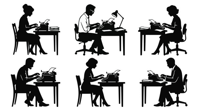 Typist sitting at table typing on computer in silhouette