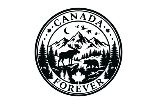 Canada forever emblem with moose, bear, mountains and maple leaf