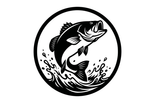Black and white illustration of a jumping bass fish in a circle