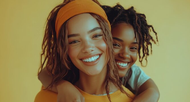 Energetic young woman carrying her best friend on her back against a bright yellow wall