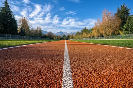Empty running track on a sunny day with autumn trees and mountains in the background