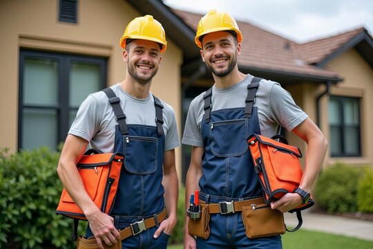Two proud young electricians displaying their tools in front of a house.