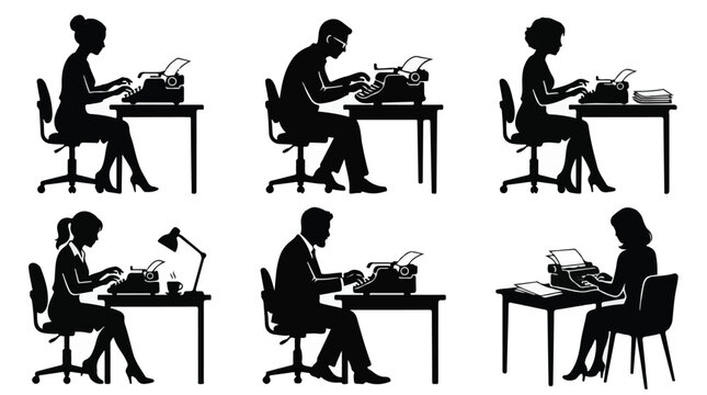 Typist sitting at table typing on computer in silhouette