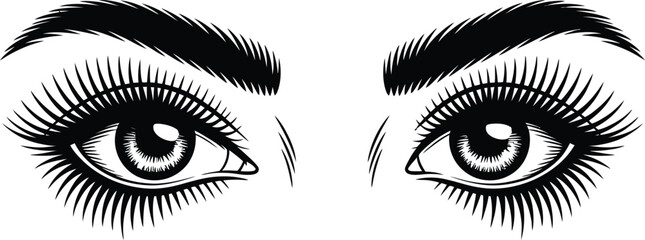 Fototapeta premium Black and white illustration of intense human eyes with lashes illustration detailed expression features graphical eyebrows eyesight perceive observation monochrome artistic portrait