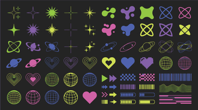 Multicolor graphic design elements including glowing stars hearts planets and abstract shapes on black background with abstract collection isolated creative template assorted ornament