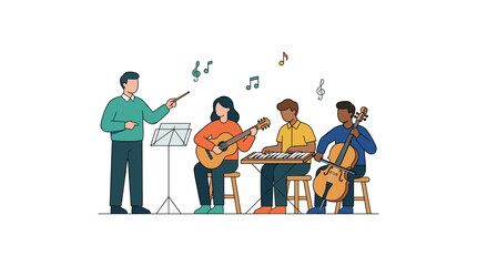 Orchestra conductor leading students playing guitar keyboard and cello in music classroom. © MD