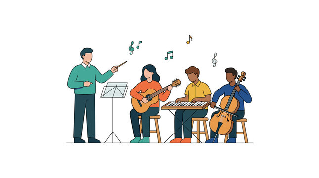 Orchestra conductor leading students playing guitar keyboard and cello in music classroom.