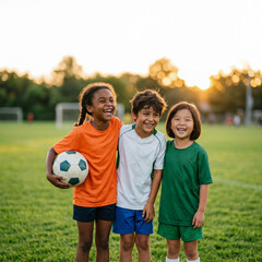 Fototapeta premium Diverse group of happy children in soccer uniforms standing together on a field at sunset