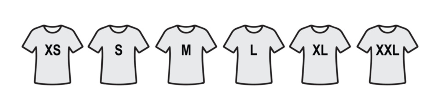 T-Shirt Size Chart Icons Set. Apparel Measurement and Clothing Size Labels.