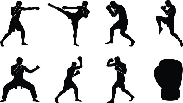 Black silhouette cross training and fitness workout vector set featuring functional exercises and weightlifting