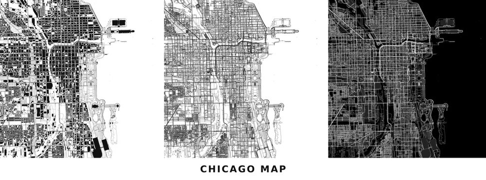 Set of three abstract urban maps of chicago, showing building footprints, street networks, and a combined dark mode visualization of the city layout