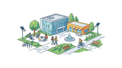 Fototapeta premium Modern isometric campus courtyard with glass building cafe fountain and students studying.