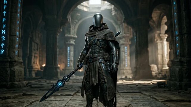 Dark armored warrior knight holding a glowing magical spear standing in an ancient ruined stone temple dungeon with blue glowing runes fantasy concept art