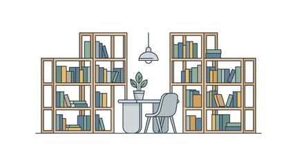 Cozy reading corner with two large bookshelves filled with books and study desk with chair vector illustration. © MSTSAFIYA