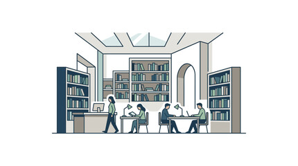Students studying inside university library with bookshelves and desks for learning space. © MSTSAFIYA