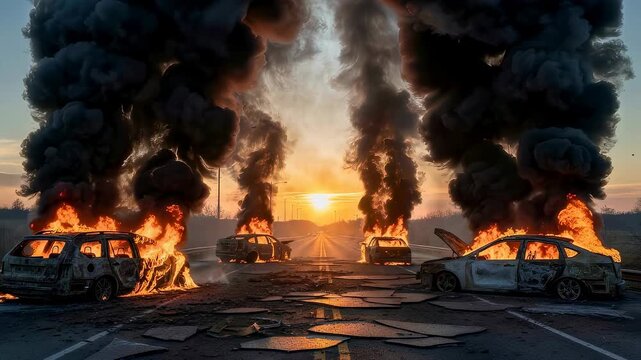 Wrecked vehicles burning on a highway at sunset. Aftermath of a war conflict on a city road. Destruction of transport due to sudden military disaster scene.