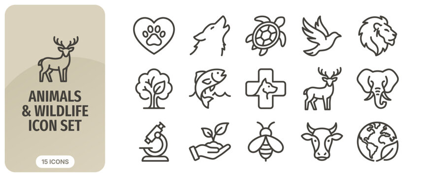 Animals and wildlife icon set, vector illustration of various wild and domestic animals, nature, environment, and veterinary symbols in thin line style