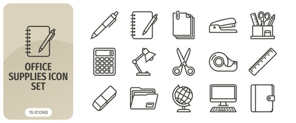 Fototapeta premium Office supplies icon set, thin line style, stationery and school equipment, vector illustration